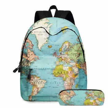 2 adet Dünya Haritası Baskı Sırt Çantası Kızlar Bookbag Laptop Çantası Seyahat Sırt Çantası Öğrenci Sırt Çantası Kalem Kutusu ile