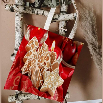 Yıldız Bisküvi kadın Noel basit omuz çantası kadın alışveriş çantası Eleman Tuval alışveriş çantası Şeker Baskılı kanvas çanta