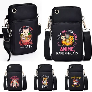 Sadece Bir Kız Seven Anime Ramen Kediler Baskı Mini Cep Telefonu Çantası Kadın Açık Spor Kol Çanta Küçük Crossbody omuzdan askili çanta