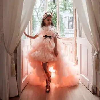 Pembe Mini Quinceanera elbise Balo Straplez Tül Ruffles Çiçek Kız Elbise Düğün Için Meksika Pageant Elbise Bebek