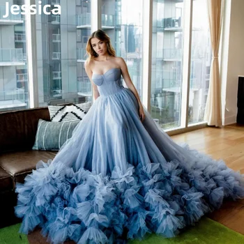 Jessica Mavi balo kıyafetleri Straplez Tül Abiye 2024 فساتين السهرة Tatlı Firar Prenses Örgün Durum Parti Elbiseler