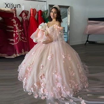 Xijun Bebek Pembe Balo 3D Çiçekler Tatlı 16 Elbise Nakış Pelerin Balo Boncuklu Uzun Tatlı Fırfır Parti Elbise 2023