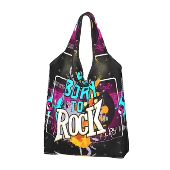 Komik Baskı Born TO Rock bez alışveriş çantaları Taşınabilir Omuz Alışveriş Ağır Metal Müzik Aşığı Çanta