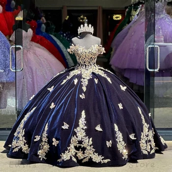 Prenses Meksika Kapalı Omuz Quinceanera Elbiseler Tatlı 15-16 Kızlar Mahkemesi Tren Uzun balo elbisesi Altın Aplikler vestidos