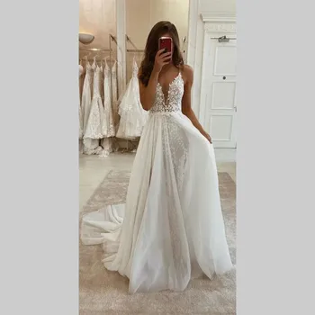 Kolsuz Dantel düğün elbisesi Plaj Kadınlar Illusion Geri Aplikler V Yaka A-Line gelin kıyafeti Tül Vestidos