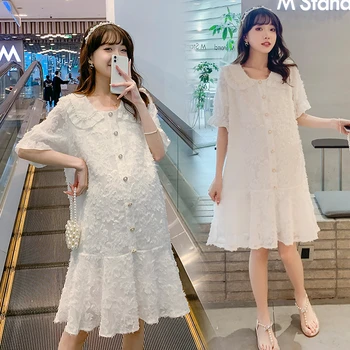 3959 # Yaz Kore Moda hamile elbisesi Boncuk Fırfır Bir Çizgi Gevşek Hamile Kadınlar için Tatlı Gebelik Giyim