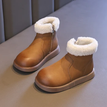 Kış Kızlar Peluş Kadife deri ayakkabı Bebek Kız Kare Topuklu Orta buzağı platform ayakkabılar Tasarımcı Fermuar Rahat yarım çizmeler 4-16Y