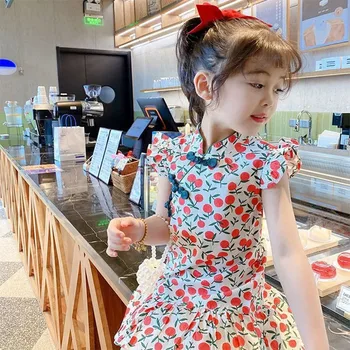 2024 Yeni Kız Cheongsam Elbise Bebek Çiçek Fishtail Parti Rop Yaz Çocuk Moda Baskı Kısa Kollu Rahat Etek 2-6Y