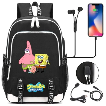 Potdemiel Sünger Bob Okul Çantaları Genç İçin USB Şarj Laptop Sırt Çantası Erkek Kız Öğrenci Kitap Çantası Mochila Seyahat Çantası