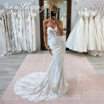 Yunshang Zarif Mermaid düğün elbisesi Kadınlar 2024 Sevgiliye Dantel Aç Geri Straplez gelin kıyafeti Sweep Tren Vestidos De Novia