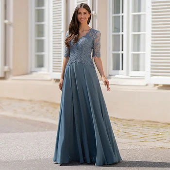 Modern Anne Gelin Elbiseler V Yaka Yarım Kollu A-Line Dantel Aplikler Düğün Balo konuk Törenlerinde Kat-Uzunluk Parti Elbise