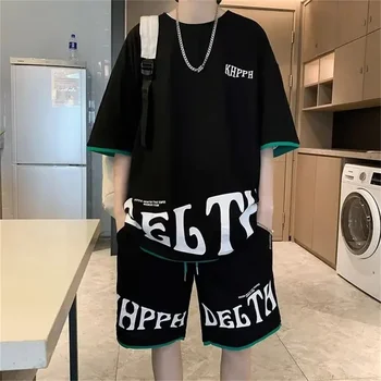 Yaz erkek Kısa Kollu + Şort Takım Elbise Büyük Boy Eşofman Nefes Üst Y2k Rahat Lüks Streetwear Harajuku Spor Giyim