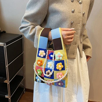 Moda Örgü Tote Çanta Kadınlar Kızlar için Kontrast Renk Sevimli Çiçekler Büyük Kapasiteli Çanta Basit omuz çantaları