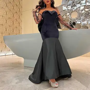 Siyah Mermaid Kadife Balo Elbise Straplez Kolsuz Pileli Backless Yay Dekorasyon Kristal Seksi kadın Dubai Parti Elbisesi