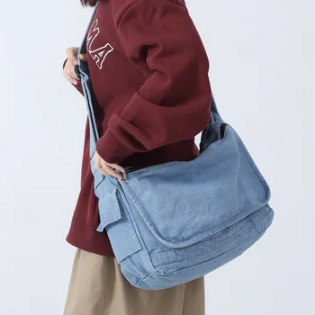 Unisex Denim Tekstil Büyük Kapasiteli Hımbıl Yan tek kollu çanta Büyük Boy Kumaş Bez Grunge Y2K Okul Kitap laptop çantası Postacı Çantası