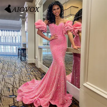 AIOVOX Balo Elbise Pullu Ruffles Kısa Kollu gece elbisesi Zarif Sevgiliye Mermaid Sweep Tren Vestido De Noche Kadınlar için