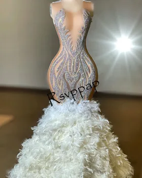 Elmas Seksi Uzun balo kıyafetleri 2023 See Through En El Yapımı Boncuk Kristaller Tüyler Fildişi Mermaid Parti Törenlerinde