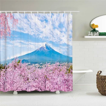 3D Doğal Peyzaj Baskı Duş Perdeleri Kiraz çiçekleri Fuji Dağı Banyo Perdesi Su Geçirmez Polyester Ev Dekorasyon