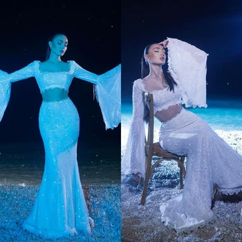 Basit Mermaid balo kıyafetleri Kare Boyun Dantel Aplikler Uzun Kollu Elbise Kırpma Üst Custom Made
