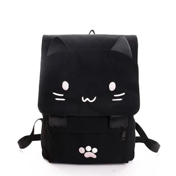 2022 Sevimli Kedi keten sırt çantası Karikatür Nakış gençler için sırt çantaları kız çocuk okul çantası Rahat Siyah Baskı Sırt Çantası Mochilas
