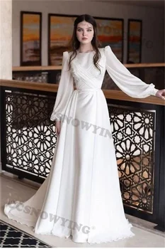 Zarif O Boyun Uzun Kabarık Kollu Aplikler Boncuk Şifon Müslüman düğün elbisesi Gelin İçin Arapça Robe De Mariée Robe De Soire