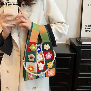 3d Çiçekler Örme Çanta Kadın İşlemeli Tote Çanta 20223 Yeni Moda Bez Çanta omuzdan askili çanta Siyah Çiçek Dokulu Kova Çanta