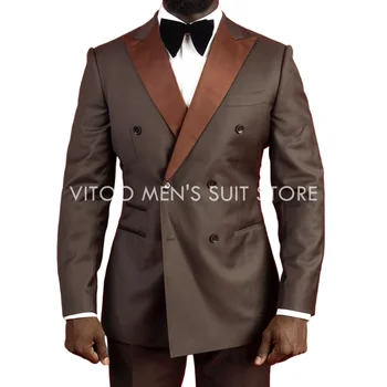 Klasik Kahverengi Erkek Takım Elbise Slim Fit 2 Parça Saten Yaka Kruvaze Düğün Damat Giyim / İş Resmi erkek giyim Ceket + Pantolon