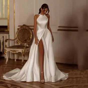 Saten A-line gelin kıyafeti Halter Boyun Yüksek Bölünmüş Yay Pilili İnci kadın Mahkemesi Tren Sivil düğün elbisesi 2023 Özel Boyut