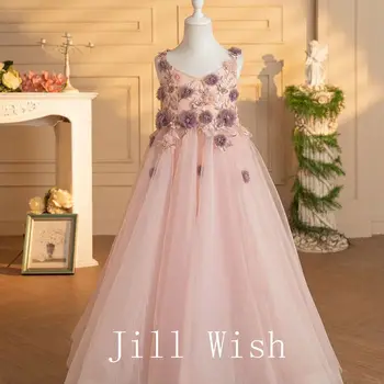 Jill Dilek Zarif Pembe Çiçek Kız Elbise Aplikler Prenses Çocuk Düğün Doğum Günü Partisi gece elbisesi İlk Communion 2024 J220
