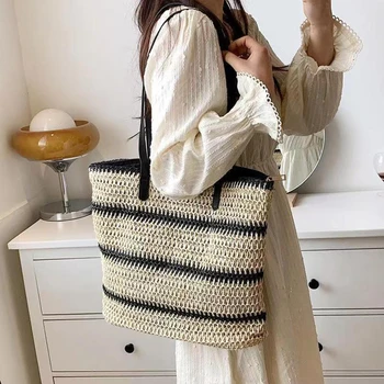 Yaz Saman omuz çantaları Kadınlar için Çizgili Dokuma Sahil Plaj Tatil Alışveriş Çantaları Rahat Kadın omuz çantası Kılıf