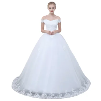 Off-Omuz Dantel Aplike Gelin Balo Tül Etek Zarif Tam Uzunlukta düğün elbisesi Geleneksel Peri Masalı Düğün
