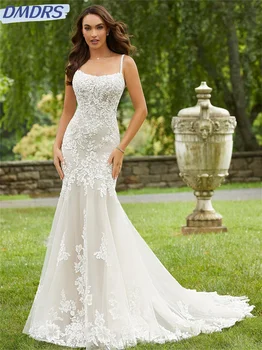 Basit Aplike Boho düğün elbisesi 2024 Zarif Tül Gelin Kıyafeti Zarif Spagetti Gelin Elbise Vestidos De Novia