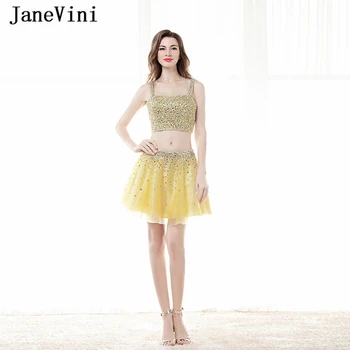 JaneVini Sarı Boncuklu Seksi Tül Iki Parçalı mezuniyet elbiseleri Bir Çizgi 2019 Straplez Sparkle Kristal Backless Kısa Resmi Elbise