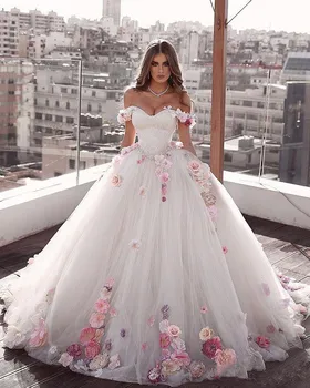 Göz alıcı Prenses Gelinlik 2022 Nişan Elbise A-Line El Yapımı Çiçekler Tül Gelinler Elbise Artı Boyutu gelinlik