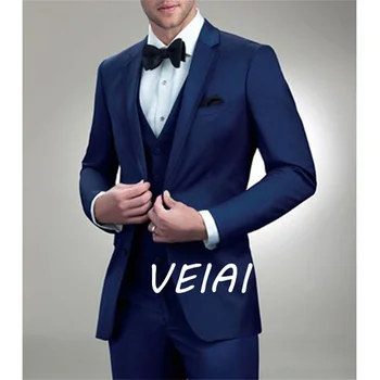 Slim Fit Erkek Takım Elbise Smolking Terno Lacivert Damat Smokin Düğün Balo için 3 Parça Erkek Moda Ceket Yelek Pantolon