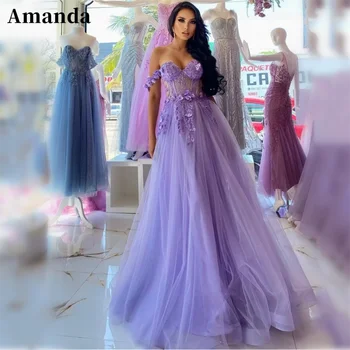 Amanda Prenses Kapalı Omuz A-line Balo Elbise 2023 Sevgiliye Tül Vestidos De Noche Lavanta 3D Çiçek فساتين مناسبة رسمية