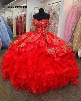 Kırmızı Ruffels Lüks Nakış Meksika Balo Quinceanera Elbise Tül Kapalı Omuz Tatlı 15 Elbise Vestidos De 15 Años