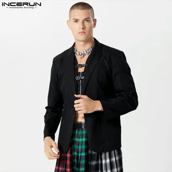 INCERUN Erkekler Blazer Düz Renk Yaka Düğmesi Uzun Kollu Rahat Takım Elbise Erkekler Streetwear 2023 Parti Moda Erkek İnce Palto S-5XL