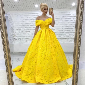 Parlak Sarı Balo Abiye Kapalı Omuz Tam Dantel Uzun Parti Resmi Elbise Quinceanera Gelin düğün elbisesi