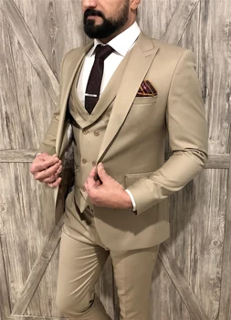 Resmi Bej Slim Fit Erkek Takım Elbise Düğün Smokin Damat İçin 3 Adet Set İş Erkek Blazers Tepe Yaka Rahat Terno Masculino