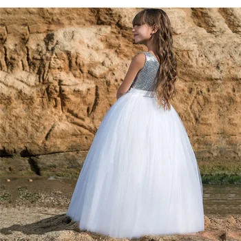 Tül Kabarık Basit Glitter Çiçek Kız Elbise Gümüş Pullu Kolsuz Aplike Düğün Doğum Günü Partisi İçin İlk Communion elbise