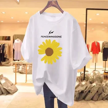 Artı Boyutu 6XL 150KG Yaz T Shirt Kadın Çiçek T-Shirt Kadın T Shirt O Boyun Kısa Kollu Tee Büyük Boy Üstleri Kadın Çiçek Tişörtleri