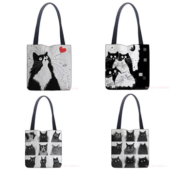 Yeni Bayan Tote Çanta Siyah Beyaz Sevimli Kedi Baskılı Kumaş Eko Çanta Yüksek Kapasiteli Alışveriş Ofis Kullanımlık Rahat omuzdan askili çanta