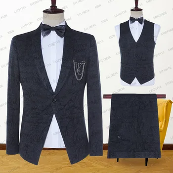 2023 Custom Made Koyu Gri Kadife Desen İnce Damat Smokin Düğün Erkek Takım Elbise Terno Masculino 3 Parça Set(Ceket + Pantolon + Yelek)