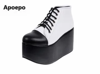 satış marka platform ayakkabılar siyah beyaz Kalın alt ayakkabı kadın Punk tarzı takozlar çizmeler kadın lace up yüksek topuklu 10 cm ayakkabı