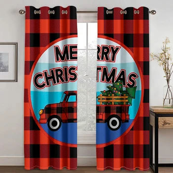 Kırmızı ve Siyah Damalı Kamyon Noel Ağacı Ücretsiz Kargo İnce 2 Adet Perdeler Oturma Odası Yatak Odası için Pencere Örtüsü Dekor