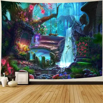 Büyülü Orman Bitki Goblen Fantezi Gizemli Ağaç Nehir Şelale Duvar asılı dekorlar Yatak Odası Ev Oturma Odası Yurt Odası