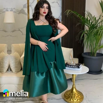 Amelia Kare Yaka Dubai Balo Elbise Şal Kollu gece elbisesi İle Fethers Ayak Bileği Uzunluğu Kadınlar Düğün Parti Elbise 2023