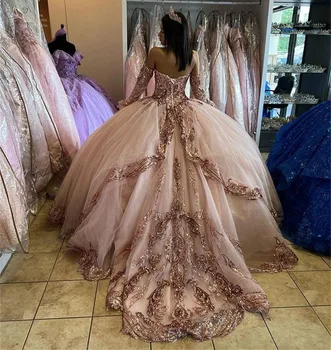 Gül Altın Prenses Quinceanera elbise Balo Sevgiliye Tül Aplikler Tatlı 16 Elbiseler 15 Años Özel
