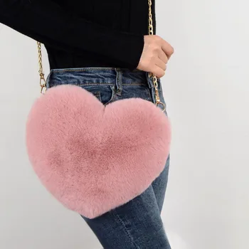 Yeni Moda kadın Kalp Şeklinde Çanta Sevimli Faux Kürk Crossbody Çanta cüzdan Peluş Zincir omuzdan askili çanta bayan çanta